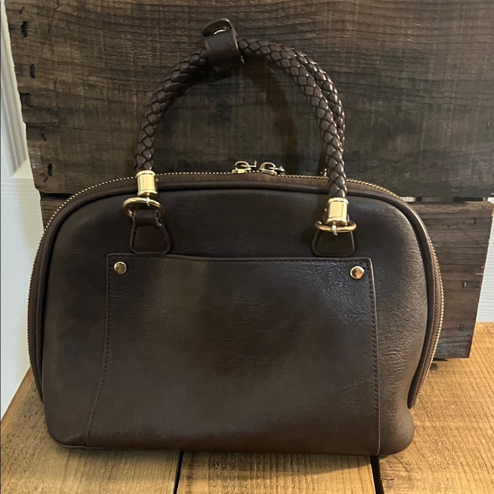 Madison West Dark Brown Satchel with Gold Accents